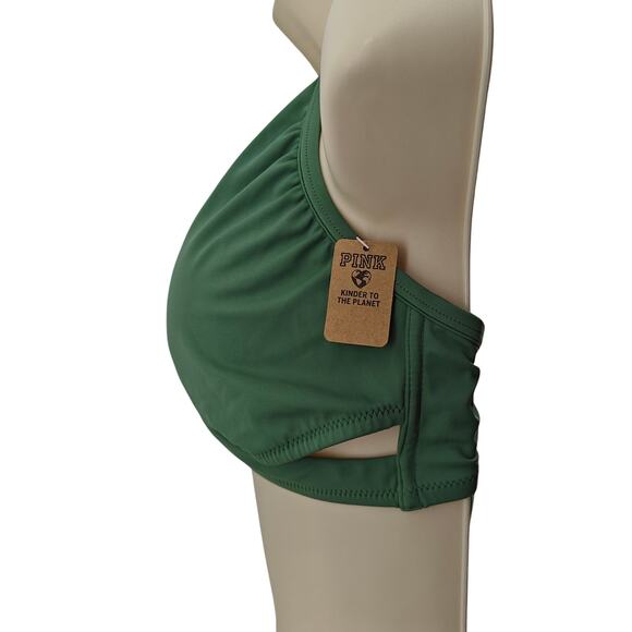 Victoria Secret Pink Swim Bikini Top Large Green Solid Wrap Halter - Picture 2 of 5